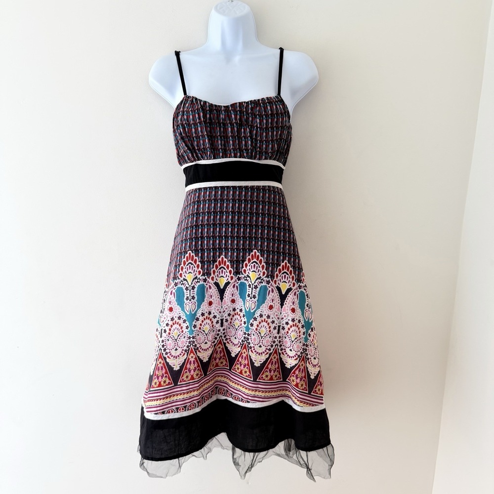 Y2K Cotton Sundress Women's XS Empire Paisley Print Fairy Grunge Midi Tulle